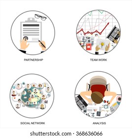 Flat design illustration concepts for business analysis and planning, consulting, team work, project management,partnership, social network. Concepts web banner and printed materials.