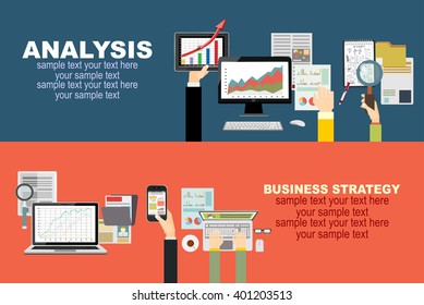 Flat design illustration concepts for business analysis and planning, consulting, team work, project management, brainstorming, research and development. Concepts web banner and printed materials.