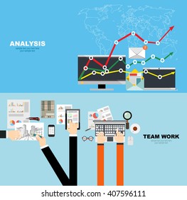 Flat design illustration concepts for business analysis and planning, consulting, team work, project management, financial report and strategy . Concepts web banner and printed materials.