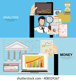Flat design illustration concepts for business analysis and planning, consulting, team work, project management, brainstorming,Money . Concepts web banner and printed