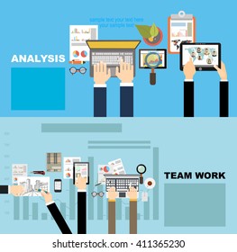 Flat design illustration concepts for business analysis and planning, consulting, team work, project management, financial report and strategy . Concepts web banner and printed materials.