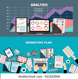 Flat design illustration concepts for business analysis and planning, consulting, team work, project management, financial report and strategy . Concepts web banner and printed materials.