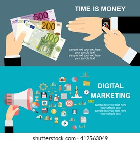 Flat design illustration concepts for business analysis and planning, consulting, team work, project management, brainstorming, Timr is money . Concepts web banner and printed