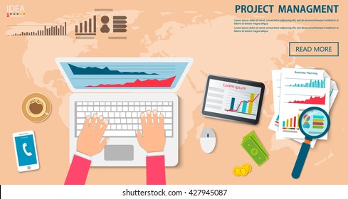 Flat design illustration concepts for business analysis and planning, consulting, team work, project management, brainstorming, research and development. Concepts web banner and printed materials.