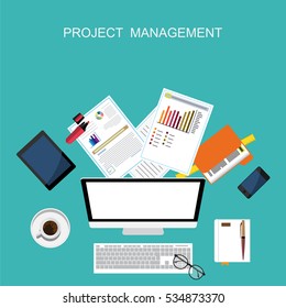 Flat design illustration concepts for business analysis and planning, consulting, project management and development. Concepts web banner and printed materials.