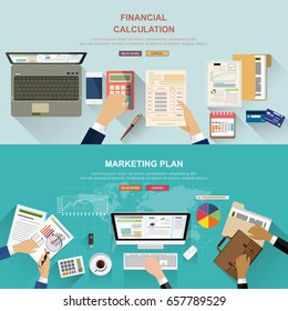 Flat design illustration concepts for business financial calculation and marketing analysis and , consulting, project management, financial report and strategy team work.