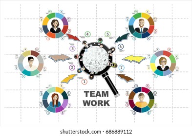 Flat design illustration Concepts for business planning and accounting, analysis, audit, team work, project management, marketing with magnifying glass, research in flat design style.
