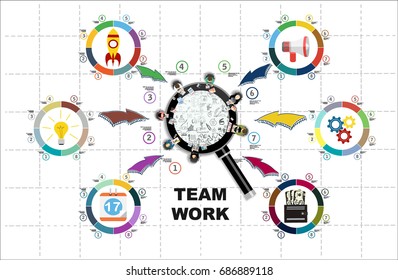 Flat design illustration Concepts for business planning and accounting, analysis, audit, team work, project management, marketing with magnifying glass, research in flat design style.
