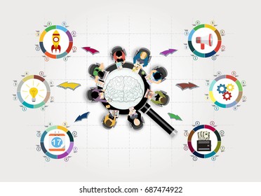 Flat design illustration Concepts for business planning and accounting, analysis, audit, team work, project management, marketing with magnifying glass, research in flat design style.