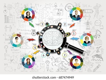 Flat design illustration Concepts for business planning and accounting, analysis, audit, team work, project management, marketing with magnifying glass, research in flat design style.