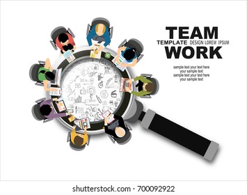 Flat design illustration Concepts for business planning and accounting, analysis, audit, team work, project management, marketing with magnifying glass, research in flat design style.