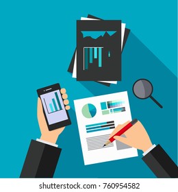 flat design illustration concepts. businessman working on the smartphone and document in flat lay style with magnifier glass on black and blue color. space for text. Concepts for web banner.