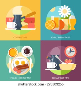 Flat design illustration concepts for coffee time, early breakfast, english breakfast, breakfast time. Concepts web banner and printed materials.