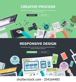 Flat design illustration concepts for creative process, graphic design, web design development, responsive web design, coding, SEO, design agency. Concepts web banner and printed materials.