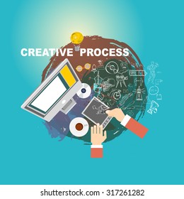 Flat Design Illustration Concepts For Creative Process, Graphic Design, Web Design Development, Responsive Web Design, Coding, SEO, Design Agency. Concepts Web Banner And Printed Materials.