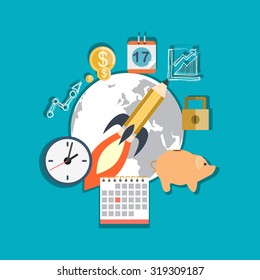 Flat design illustration concepts for creative process, graphic design, web design development, responsive web design, coding, SEO, design agency. Concepts web banner and printed materials.