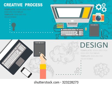 Flat design illustration concepts for creative process, graphic design, web design development, responsive web design, coding, SEO, design agency. Concepts web banner and printed materials.