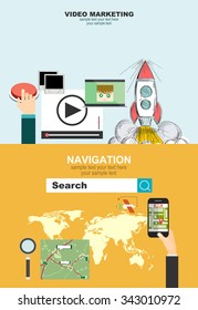Flat design illustration concepts for creative process, digital marketing.Vector illustration concept of holding smart-phone with mobile navigation.
