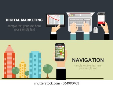 Flat design illustration concepts for creative process, digital marketing.Vector illustration concept of holding smart-phone with mobile navigation.