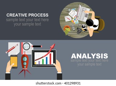 Flat design illustration concepts for creative process, graphic design, web design development, responsive web design, team work, analysis.Concepts for web banner and printed materials.