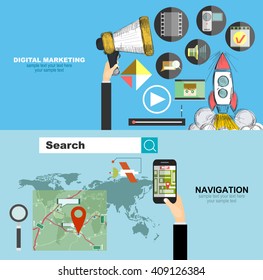 Flat design illustration concepts for creative process, digital marketing.mobile navigation. Concepts web banner and printed materials.