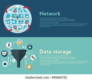Flat design illustration concepts for creative process, big data filter, network, data tunnel, analysis concept, web banner.