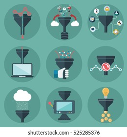 Flat design illustration concepts for creative process, big data filter, data tunnel, analysis concept and cloud computing