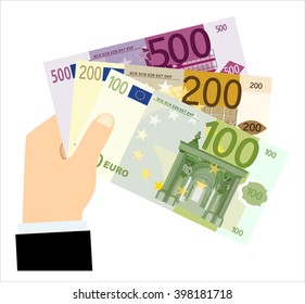 Flat design illustration concepts hand holding 100, 200 and 500 euro banknotes - vector illustration
