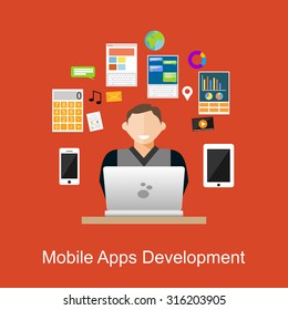 Flat design illustration concepts for mobile apps development, programming, programmer, developer, development, application development, brainstorm, coding.
