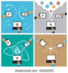 Flat Design Illustration Concepts For Online Business, Social Network, Networking, Online Shopping, Buying Over The Internet, Video. For Web Banner And Printed Materials  