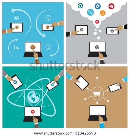 Flat Design Illustration Concepts For Online Business, Social Network, Networking, Online Shopping, Buying Over The Internet, Video. For Web Banner And Printed Materials  