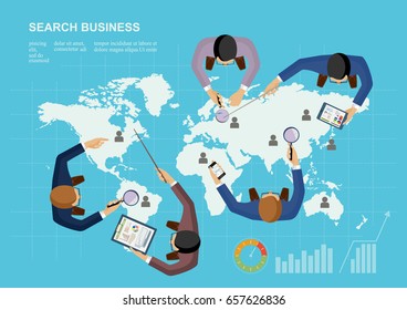 Flat design illustration concepts for search business solution and innovation analysis and , consulting, project management, financial report and strategy team work.