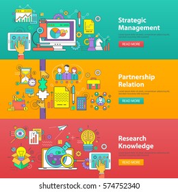 Conceptos de diseño plano para la gestión estratégica, la relación de asociación y los conocimientos de investigación. Conceptos para banner web y material promocional. 
