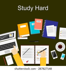 Flat design illustration concepts for study hard, working, research, analysis, management, career, brainstorming, finance, working. Concepts for web banner and printed materials.