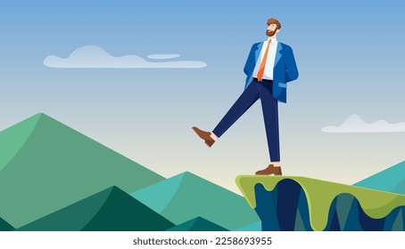 Flat design illustration with confident businessman or manager stepping over the edge.