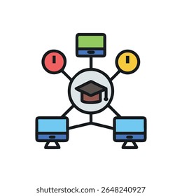 Ilustración de diseño plano que conecta recursos y dispositivos de aprendizaje con un gorro de graduación en el centro. Concepto moderno de aprendizaje y educación.