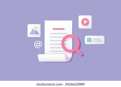Ilustración de diseño plano de análisis de contenido con un documento bajo una lupa, rodeado de iconos multimedia y de comunicación, sobre un fondo púrpura