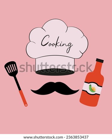 Flat Design Illustration Cooking Apple Pie with Shef Hat and Crossed Spatula, Chili Pepper Sauce, Mustache