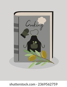  Flat Design Illustration with Cooking Book and Apron, Kitchen Tools , Olive