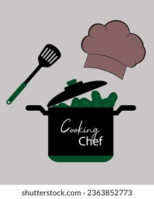 Ilustración de diseño plano Cocinar Chef con Sombrero de Sombrero de Sombrero y Caca, Espátula Cruzada, lechuga