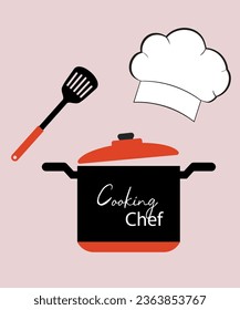 Flat Design Illustration Cooking Chef with Shef Hat and Pot, Crossed Spatula