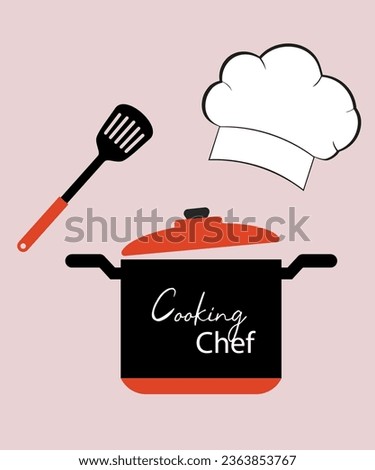 Flat Design Illustration Cooking Chef with Shef Hat and Pot, Crossed Spatula