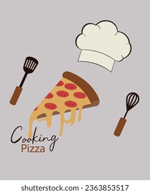 Flat Design Illustration Cooking Pizza with Shef Hat and Whisk,Crossed Spatula