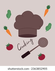 Flat Design Illustration Cooking with Shef and Mesh Skimmer,Vegetables