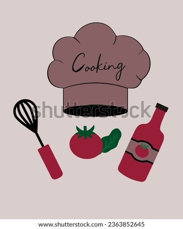 Flat Design Illustration Cooking with Shef Hat,Ketchup,Tomato , Lettuce, Whisk