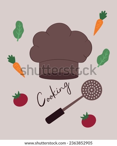 Flat Design Illustration Cooking with Shef and Mesh Skimmer,Vegetables