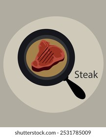 Flache Design-Illustration Kochen mit Steak in der Bratpfanne
