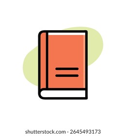 A flat design illustration of a coral colored book with light green shapes, against a White Background.