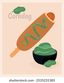 Flat Design Illustration with Corndog and Basilic Sauce