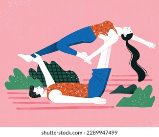 Ilustración de diseño plano de pareja haciendo la rutina de yoga juntos durante el tiempo libre.